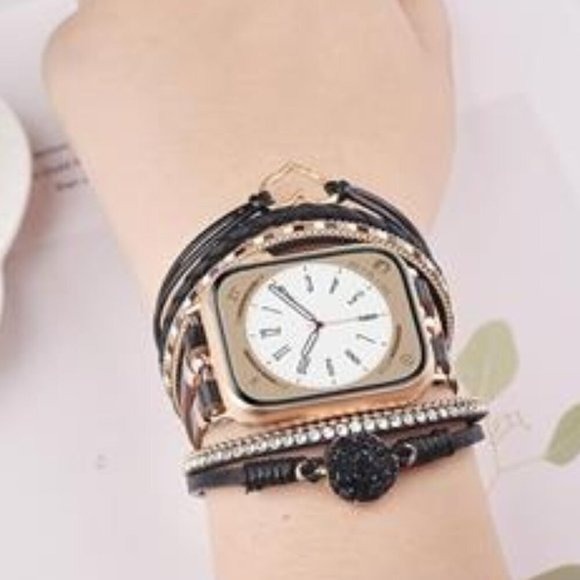 NEW Black/Gold Boho Beaded Leather Apple Watch Band main image 4